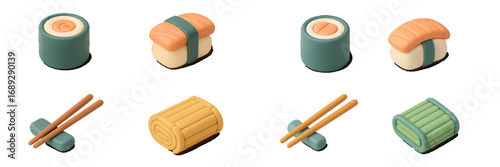 Isometric sushi set with maki, nigiri, and tamagoyaki rolls, featuring Japanese food elements and chopsticks on a white background