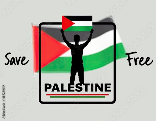 Silhouette of a person holding the palestinian flag above their head, with the words save free palestine and palestinian flags in the background, symbolizing support and solidarity for palestine