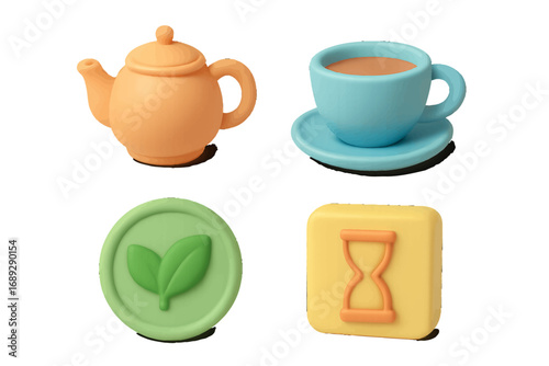 Collection of 3D style tea time icons featuring a teapot, cup of tea, green leaf emblem, and an hourglass timer isolated on a white background