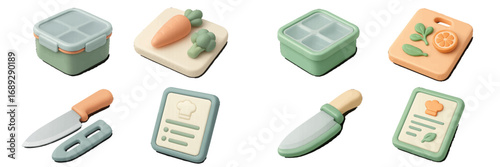 Set of 3D cooking and meal prep icons including lunch box, cutting board with vegetables, knife, and recipe menu