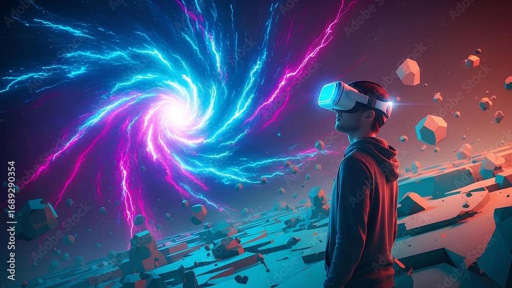 Fototapeta premium Man wearing virtual reality headset immersed in a cosmic portal with abstract geometric shapes floating around him