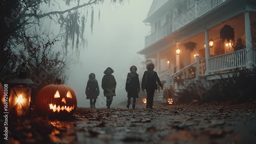 Shadows of Halloween: A spectral scene of costumed children, led by eerie pumpkin lanterns, approaching a vintage house shrouded in a haunting mist, evoking the spirit of Halloween.