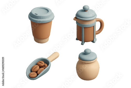 Collection of coffee making equipment including a French press, disposable cup, scoop with beans, and sugar pot in a modern style