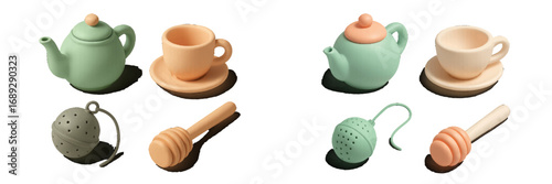 Modern 3D tea set collection with teapot, cup, honey dipper, and infuser in pastel colors isolated on white