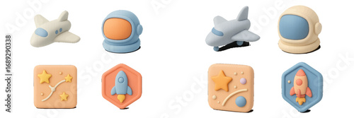 Collection of 3D space exploration icons featuring an astronaut helmet, rocket ship, airplane, and star constellation for user interface design