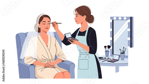 Professional makeup artist applying eye makeup to a bride seated in a plush chair in a beauty studio
