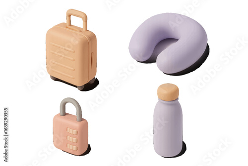Isometric travel accessories set with suitcase, neck pillow, combination lock, and water bottle on a white background