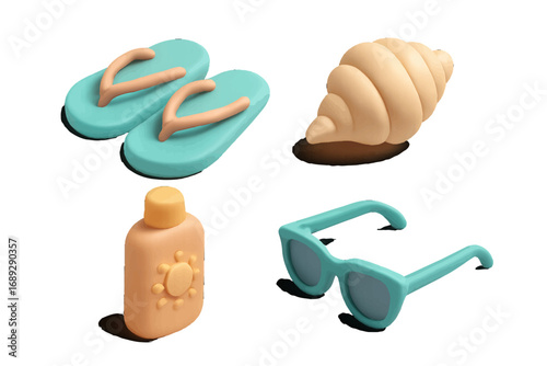 Summer beach vacation accessories set with flip-flops, sunglasses, sunscreen lotion, and a seashell isolated on a white background