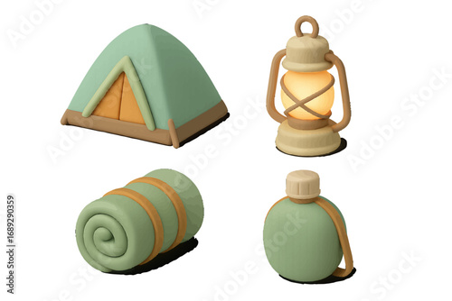 Camping equipment set with tent, lantern, sleeping bag, and canteen for outdoor adventure, hiking, and travel concepts