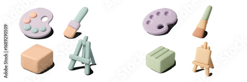 Isometric set of artist tools and creative hobby supplies featuring a paint palette, paintbrush, and easel in a cute 3D style with pastel colors