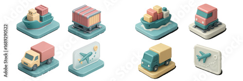 Isometric logistics and transportation icons showing a cargo ship, freight train, delivery truck, and airplane for global shipping