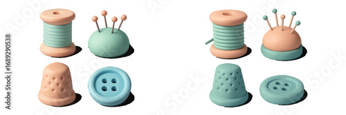 Collection of colorful sewing and tailoring supplies with thread spool, pincushion, thimble, and button in a minimalist 3D style