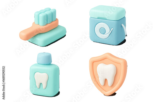 Cute 3D dental care and oral hygiene icon set with toothbrush, dental floss, mouthwash, and a tooth protection shield on a clean background