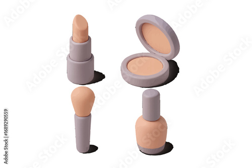 Isometric cosmetic product set with lipstick, compact powder, makeup brush, and nail polish isolated on a white background