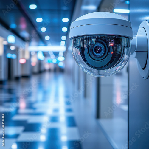 Security camera overlooking a hallway.