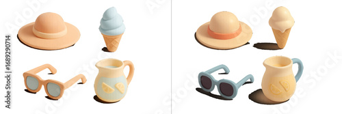 Set of summer vacation accessories including a sun hat, sunglasses, ice cream cone, and a pitcher of lemonade in pastel colors