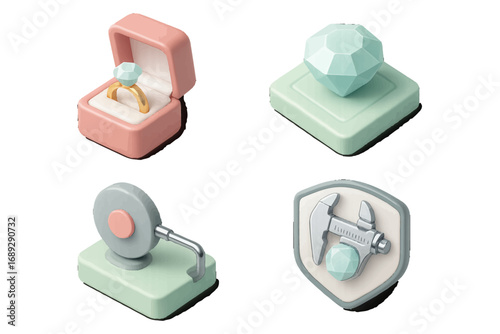 Jewelry and gemology icon set with engagement ring, diamond appraisal, gem cutting wheel, and quality certification shield