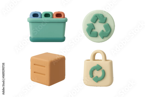 3D icons for ecology and recycling with sorting bin, reusable bag, and package symbol for sustainable living concepts