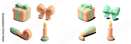 3D birthday party celebration icon set with gift box, ribbon bow, candle, and party horn in a cute plasticine style