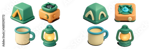 Set of 3D style camping and hiking equipment icons featuring a tent, portable gas stove, enamel mug, and classic lantern