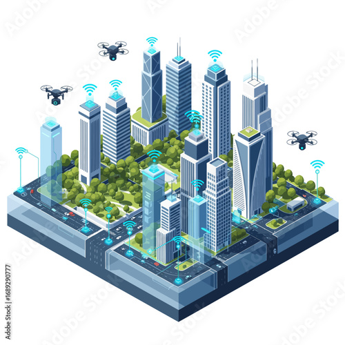 Digital Twin City Planning Isometric Vector Illustration of a Smart City with a Digital Overlay Showing Data, Connected Buildings, and Drones