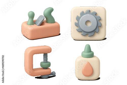 3D icon set of woodworking and craft tools including a hand plane, circular saw blade, C-clamp, and glue bottle for DIY projects