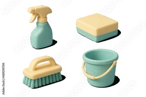 Isometric set of household cleaning supplies featuring a spray bottle, sponge, scrub brush, and bucket isolated on a white background