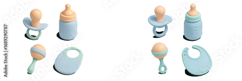Set of 3D baby care accessories including pacifier, feeding bottle, rattle, and bib in pastel blue and green colors isolated on white