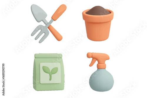 3D gardening icon set with trowel, fork, soil pot, seed bag, and spray bottle for home planting and horticulture
