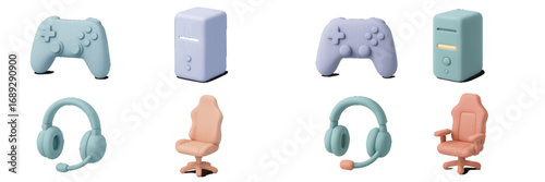 3D pastel gaming equipment icon set with controller, computer, headset, and chair for video game and esports concepts