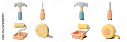 Set of 3D style construction tool icons for home improvement and repair, including a hammer, screwdriver, paint roller, and tape measure