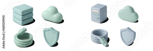 Minimalist 3D technology symbols representing server data, cloud computing, network cable connections, and security shield protection