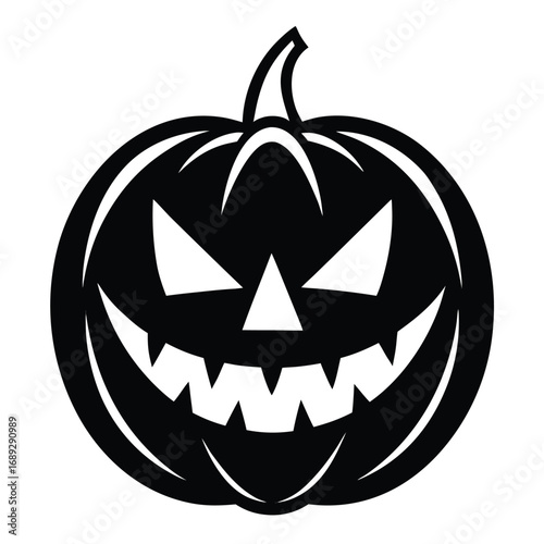 Menacing black jack o lantern with sharp teeth and triangular eyes on white halloween pumpkin