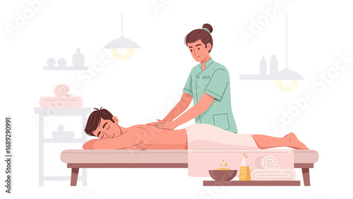 Professional masseuse provides a relaxing back massage to a man lying on a treatment table in a spa