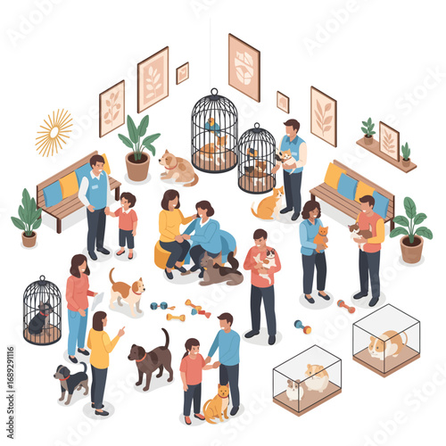 Pet Adoption Centers Isometric Vector Illustration of People and Animals at a Shelter, Adopting Dogs and Cats for their New Homes