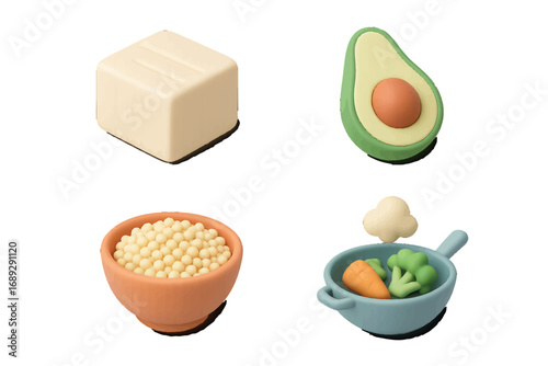 Set of healthy food icons with tofu, avocado, soybeans, and stir-fried vegetables representing vegan protein sources and a balanced diet for good nutrition