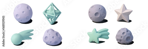 Collection of minimalist 3D space elements including planets, stars, comets, and asteroids in soft pastel colors