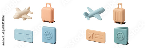 3D travel icon set with airplane, luggage, passport, and ticket for vacation and tourism concepts isolated on a white background