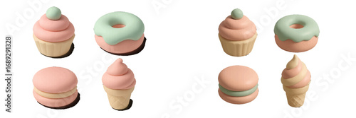 Collection of cute pastel desserts including cupcakes, donuts, macarons, and ice cream cones in a minimalist clay style isolated on a white background