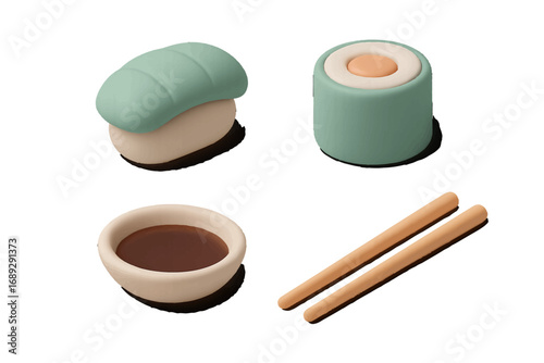 Modern minimalist sushi set with nigiri, maki roll, soy sauce, and chopsticks in a clean isometric 3D style on a white background