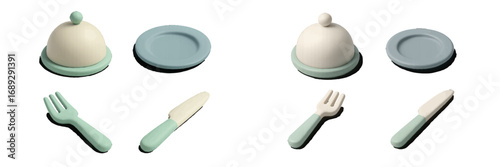 Pastel toy kitchen dinnerware set with plate, fork, knife, and serving cloche for kids imaginative play isolated on white