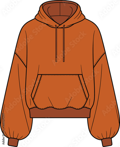 Oversized hoodie flat sketch, fashion cad illustration, casual wear design, technical vector template for clothing production and digital apparel art