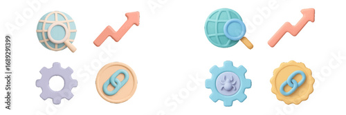 Set of 3D SEO icons for digital marketing and web analytics with search, growth graph, settings, and backlink symbols