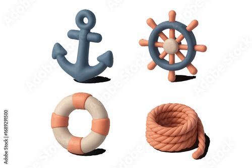 Collection of nautical sea symbols with a plasticine effect featuring an anchor, ship's helm, lifebuoy, and rope coil