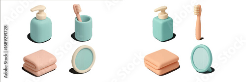 Isometric set of personal care and hygiene items for the bathroom including a soap dispenser, toothbrush, towel, and mirror with a soft pastel color palette