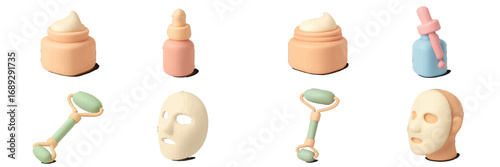 Set of 3D style skincare and beauty product icons with cream jar, serum dropper, jade roller, and face mask for a daily cosmetic and self-care routine