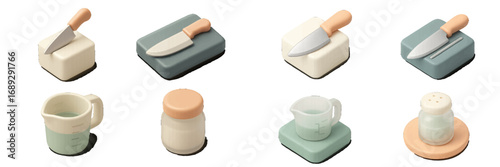 Set of modern isometric kitchen utensil icons for cooking and baking including knife, cutting board, measuring cup, and shaker