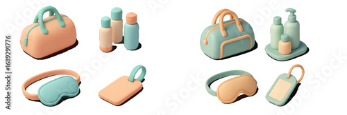 A collection of 3D travel accessories including a duffel bag, cosmetic bottles, sleep mask, and luggage tag in soft pastel colors for vacation and trips