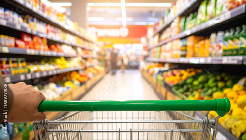 Shopping through supermarket aisles with a cart, fresh produce and various groceries on display