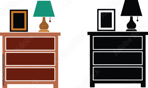 Color vector art of a dresser with a lamp and picture frame silhouette